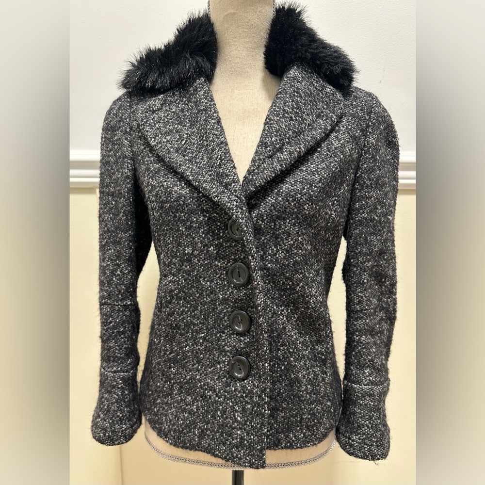 Benetton Vintage Grey Jacket Coat Black Faux Fur Trim 6 Y2K 80s-90 Retro Classic